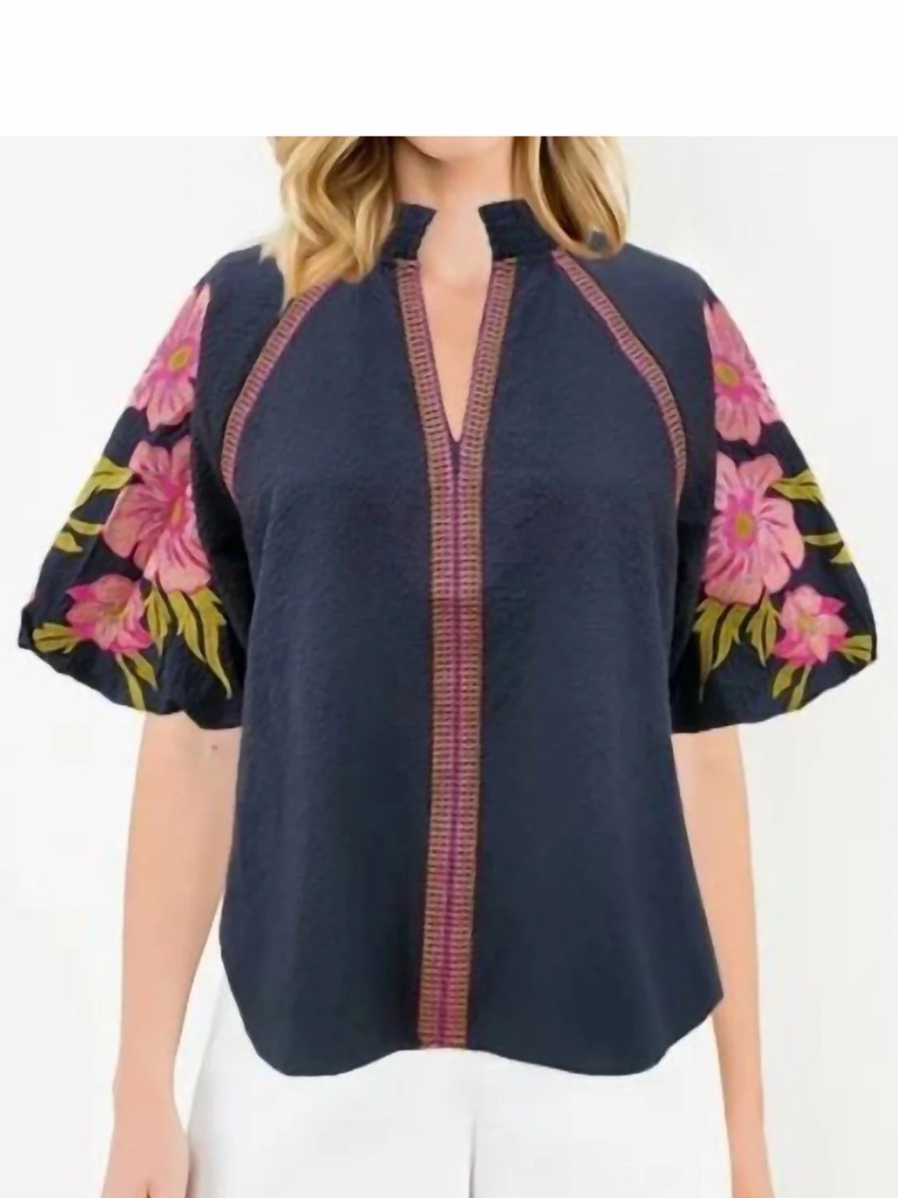 THML Navy Blouse with Pink Floral Embroidered Puff Sleeves